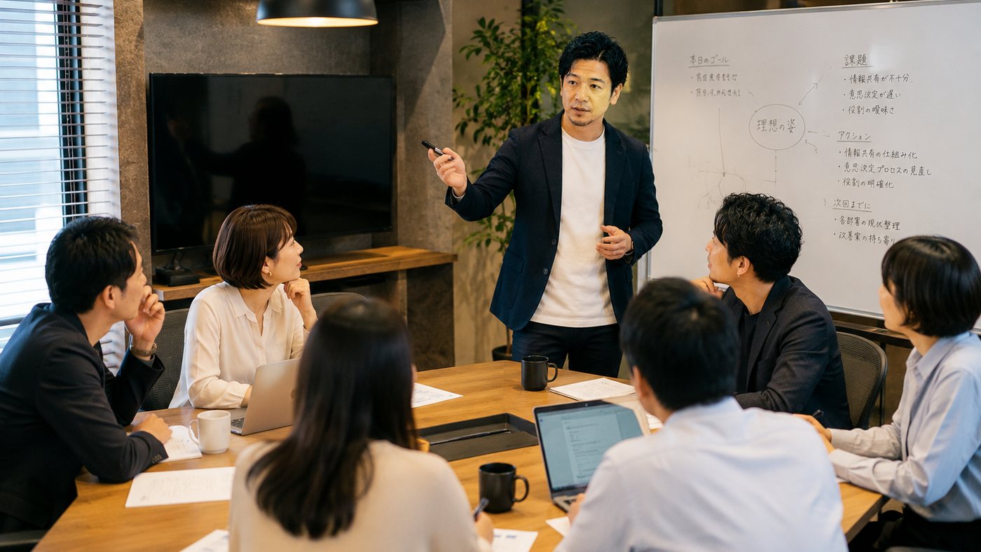ホワイトボードに本日のゴールと課題を書き出しながら、幹部会議を進行している様子